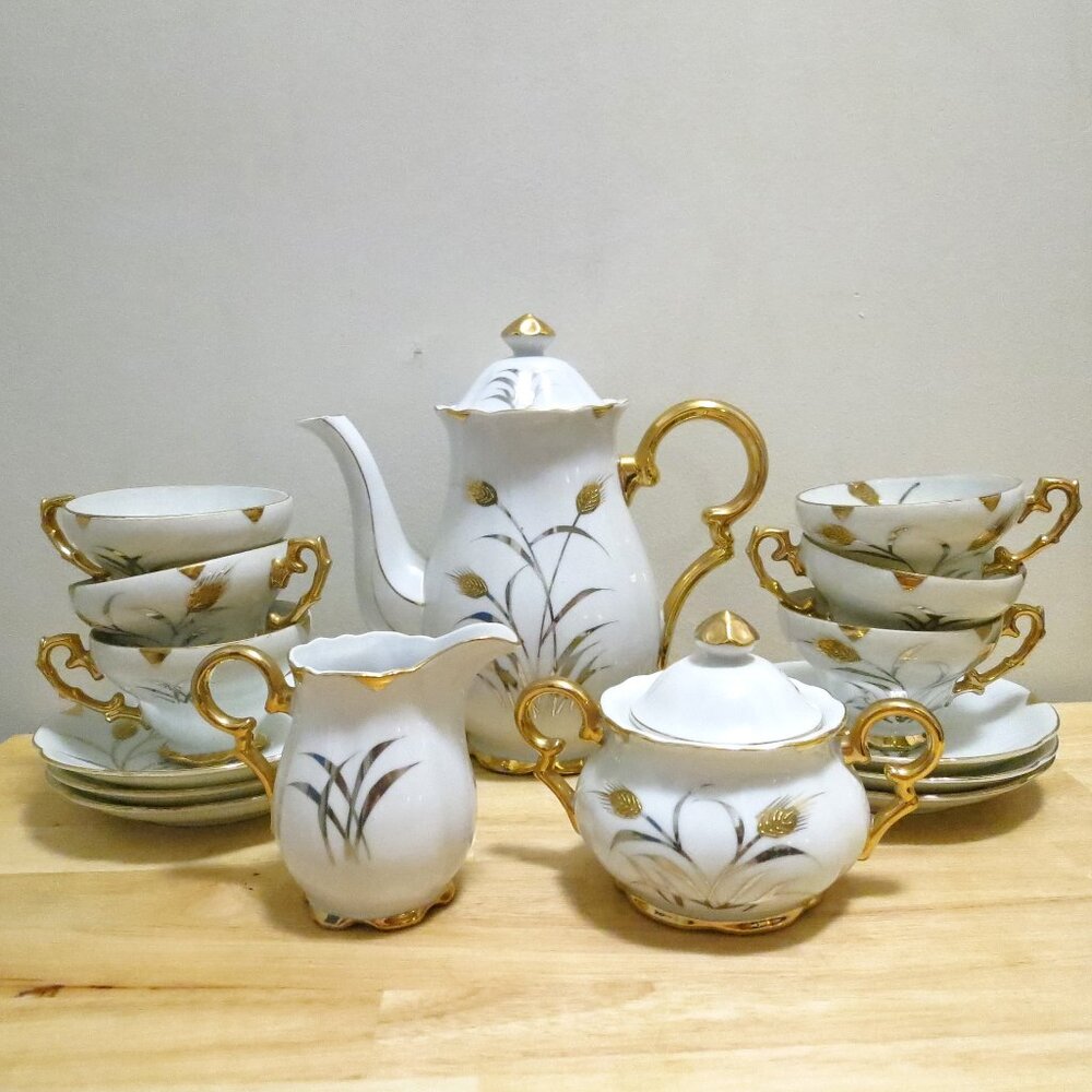 Japan Coffee Tea 15pc Set Oakwood Grain/Grasses Cream Sugar Teacups Saucers